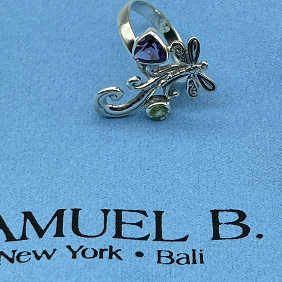 SAMUEL B. Sterling Silver Bezel Set Amethyst & Peridot Dragonfly Ring, Size 7​ - Picture 7 of 7